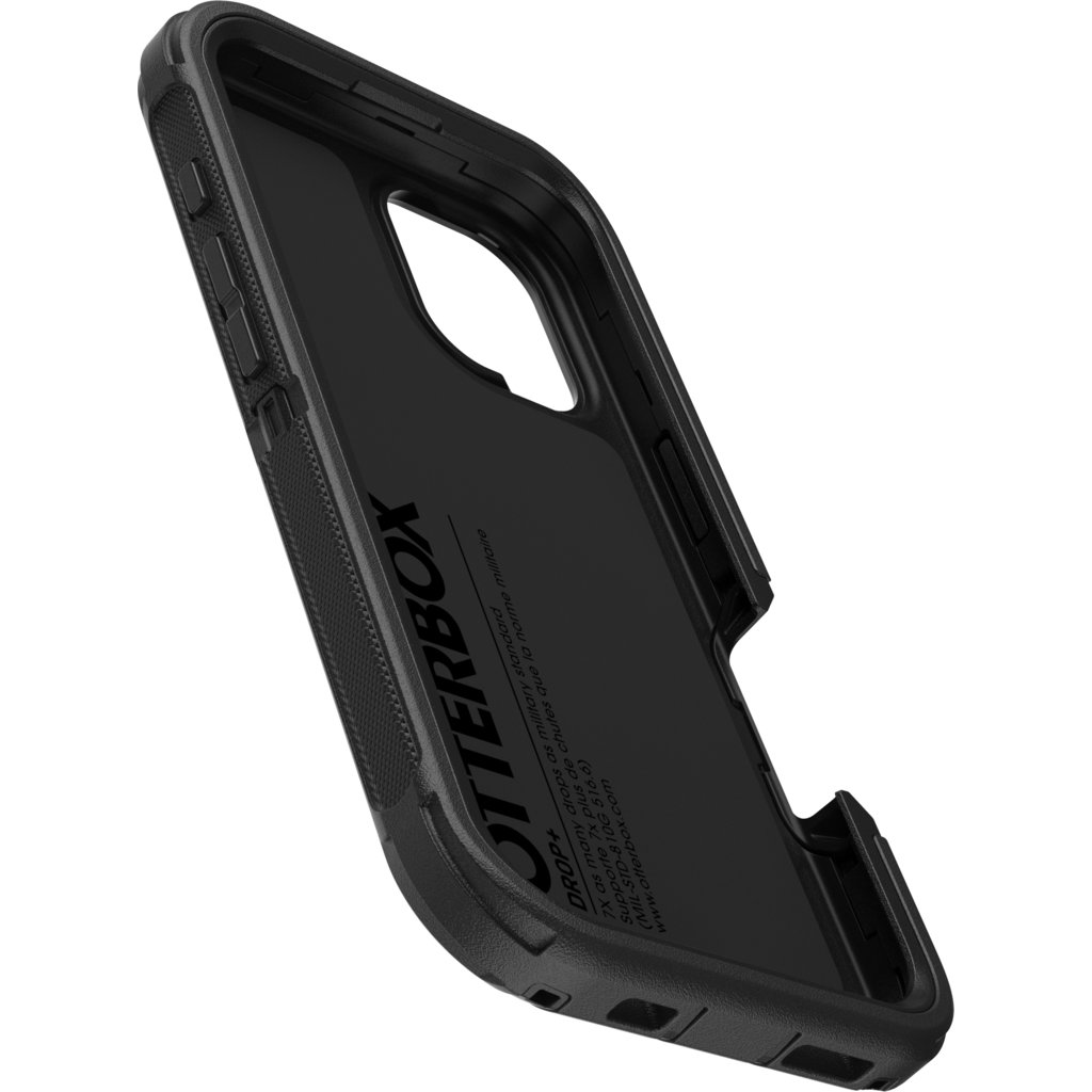 Funda de móvil Otterbox negra en vista inclinada, mostrando el interior y el texto de la marca.