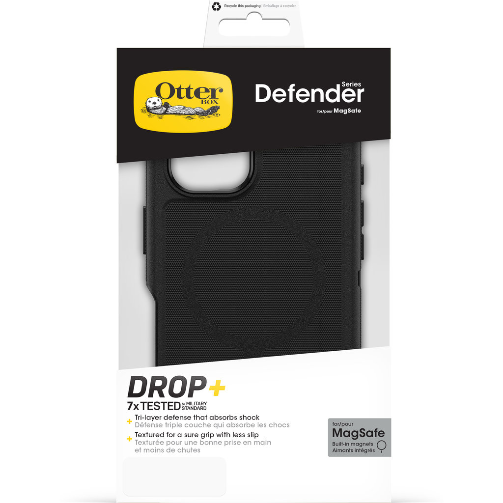 Funda para teléfono OtterBox Defender Series en embalaje, negra con MagSafe y protección contra caídas.