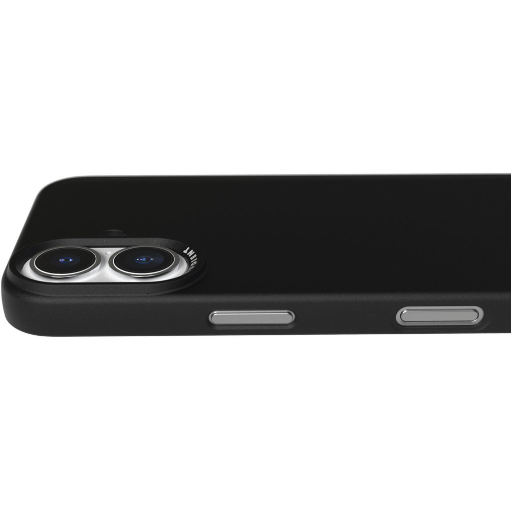 Gros plan de l'arrière d'un smartphone noir avec double caméra et boutons argentés sur fond blanc.