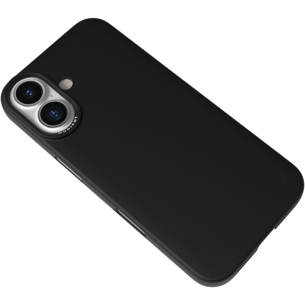 Une coque de smartphone noire avec un module double caméra à l'arrière, sur fond blanc.