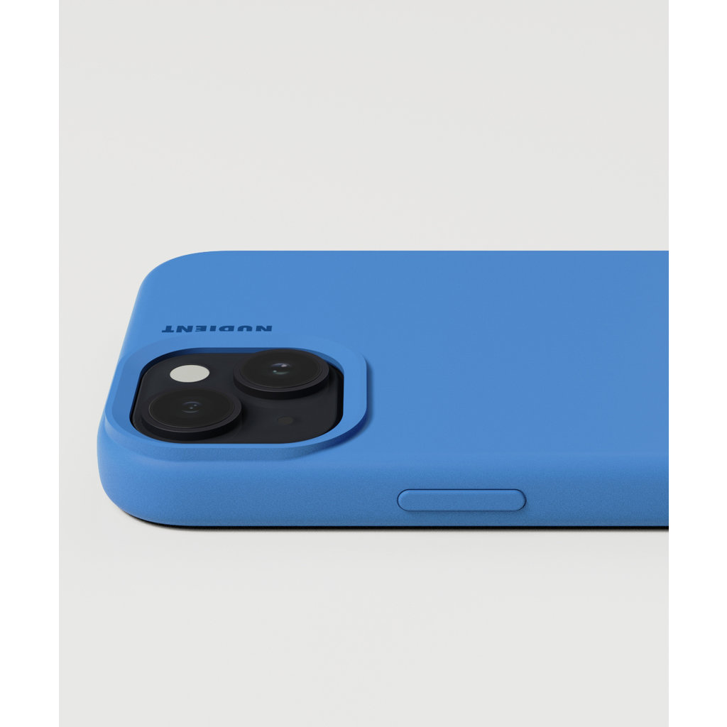 Blaue Handyhülle mit zwei Kameraobjektiven und dem Markennamen Nudient oben auf einem hellen Hintergrund.
