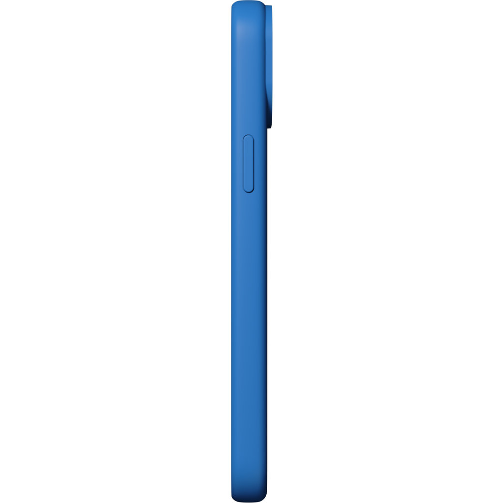 Seitenansicht einer blauen Smartphone-Hülle mit einem sichtbaren Power-Button auf einem weißen Hintergrund.