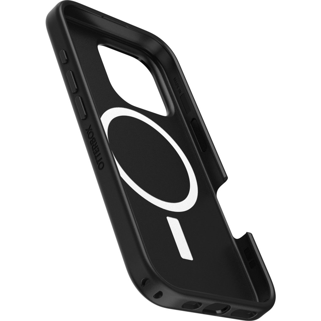 Una custodia nera per smartphone OtterBox con un anello MagSafe bianco all'interno.