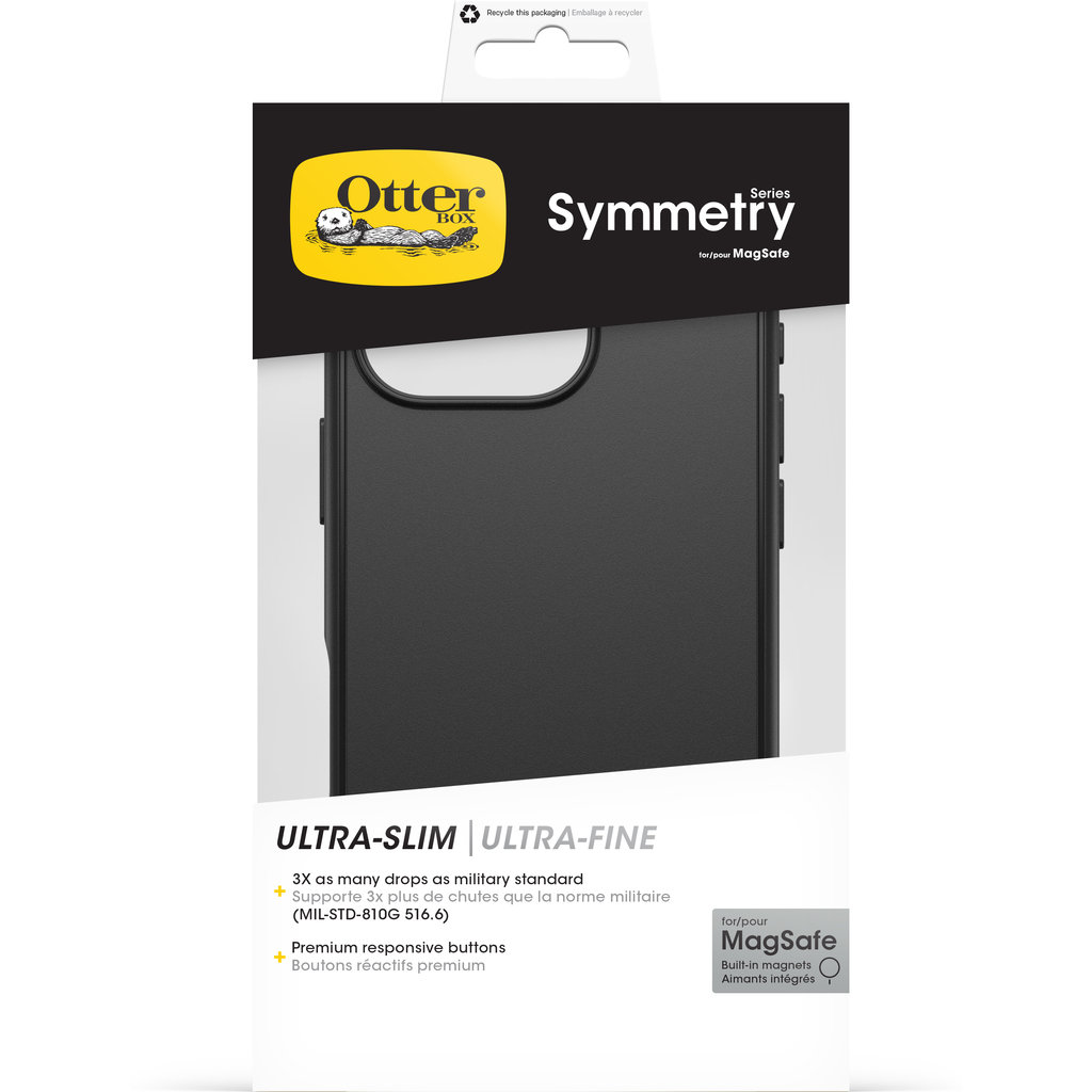 Confezione per custodia per cellulare nera OtterBox Symmetry, che evidenzia il design ultrasottile e la compatibilità MagSafe.