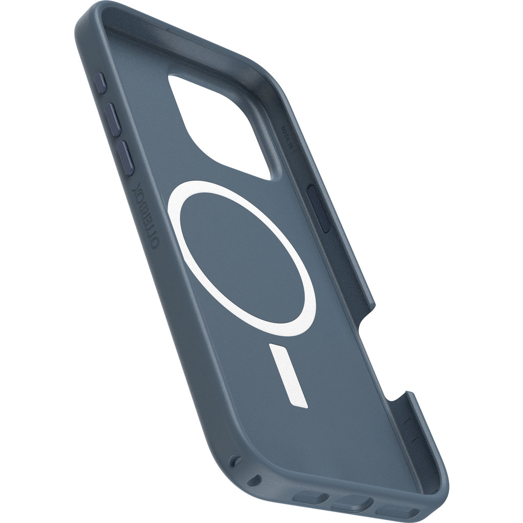 L'interno di una custodia per smartphone blu mostra un anello magnetico bianco.