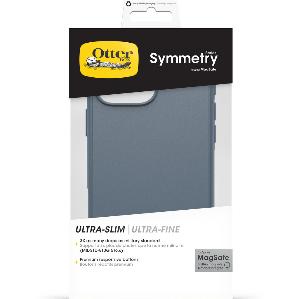 Custodia per telefono blu OtterBox Symmetry MagSafe in confezione bianca.