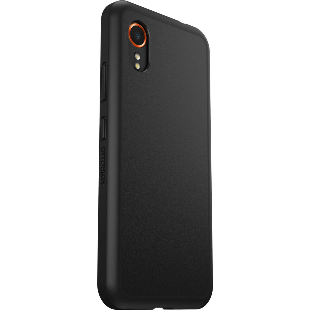 Una custodia per cellulare OtterBox nera mostra il retro con ritaglio per fotocamera e anello arancione.