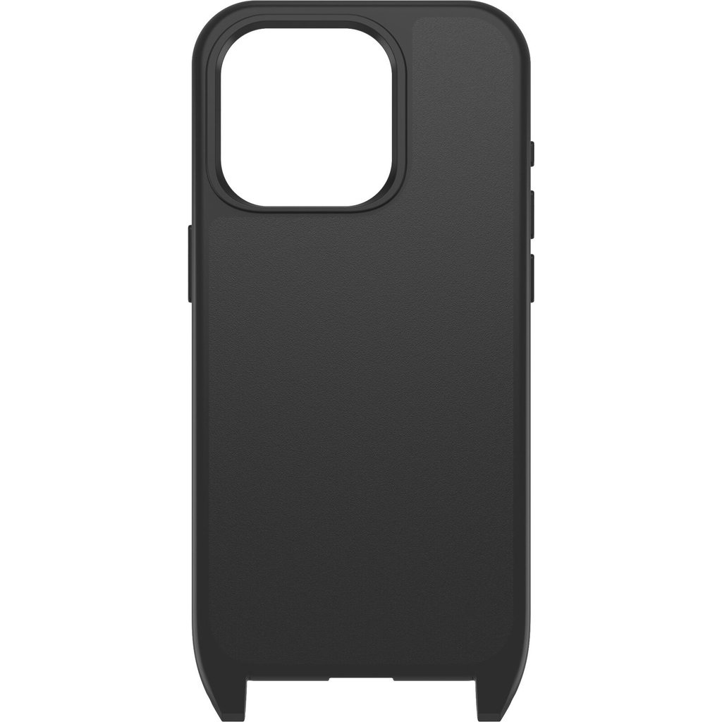 Eine schlichte schwarze Smartphone-Hülle mit einer quadratischen Aussparung für die Kamera auf der Rückseite.