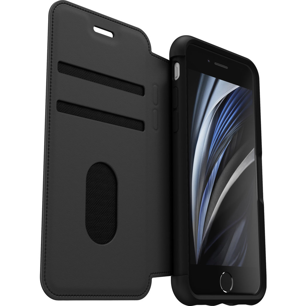 Una custodia a libro nera aperta, con tasche per carte a sinistra e uno smartphone con sfondo astratto blu a destra.