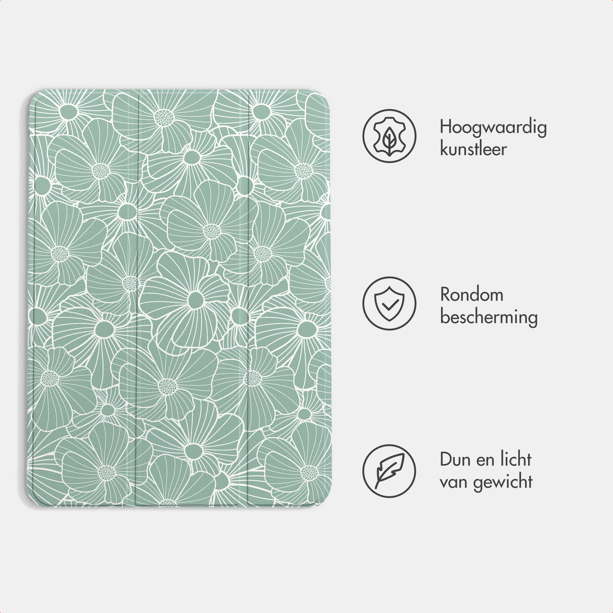 A mint green tablet case with a white floral pattern and three feature icons on the right.