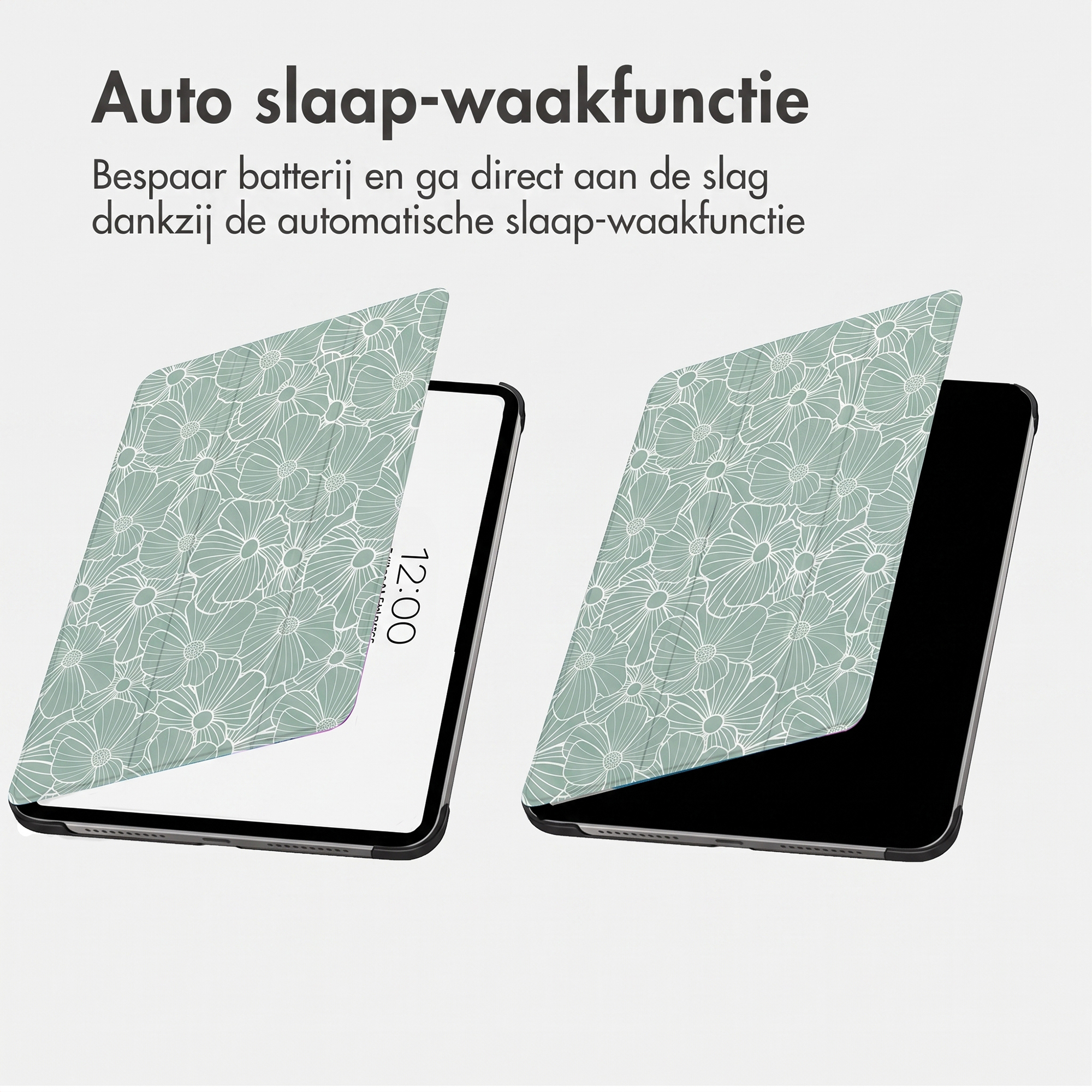 Two tablets with floral cases demonstrating the auto sleep-wake function on a white background.