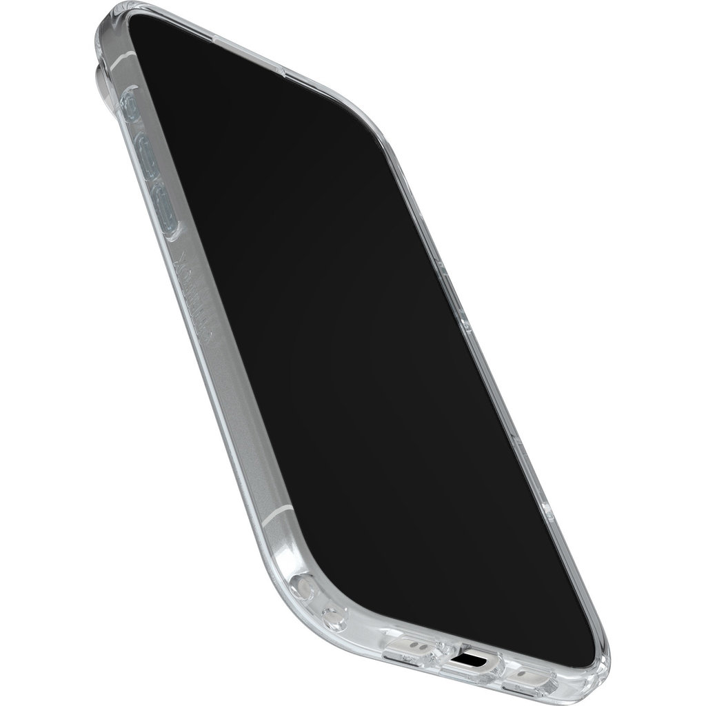 Un smartphone dans une coque de protection transparente sur fond blanc.
