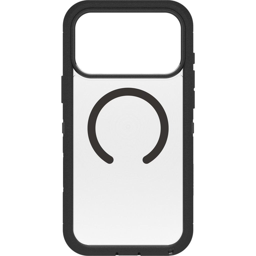 Schwarze, robuste Smartphone-Hülle mit durchsichtiger Rückseite und einem kreisförmigen MagSafe-Symbol.