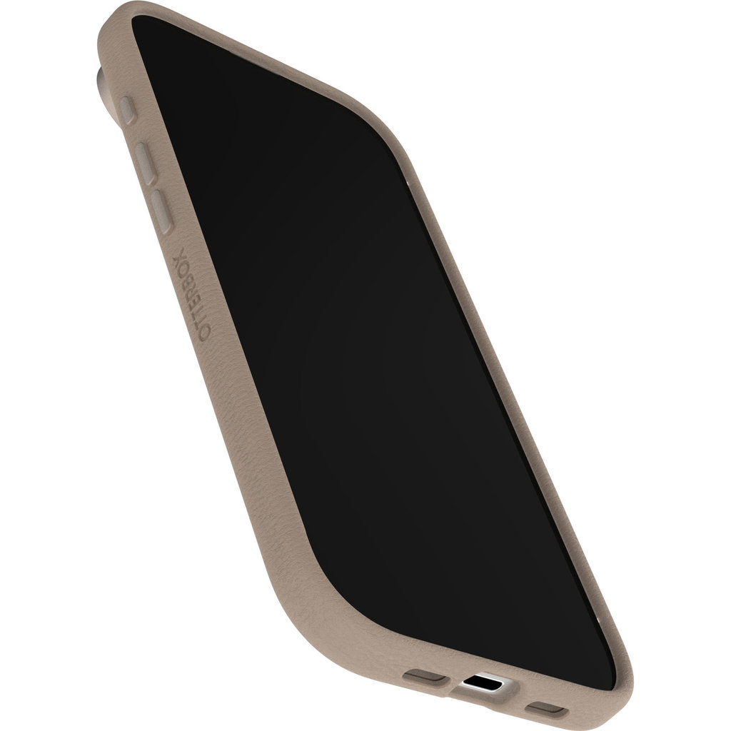 Una custodia per telefono OtterBox beige con uno smartphone, vista di lato con tasti e porta di ricarica visibili.