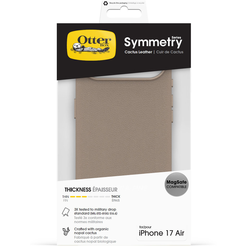 Custodia per telefono Otterbox Symmetry in pelle di cactus per iPhone 17 Air nella confezione.