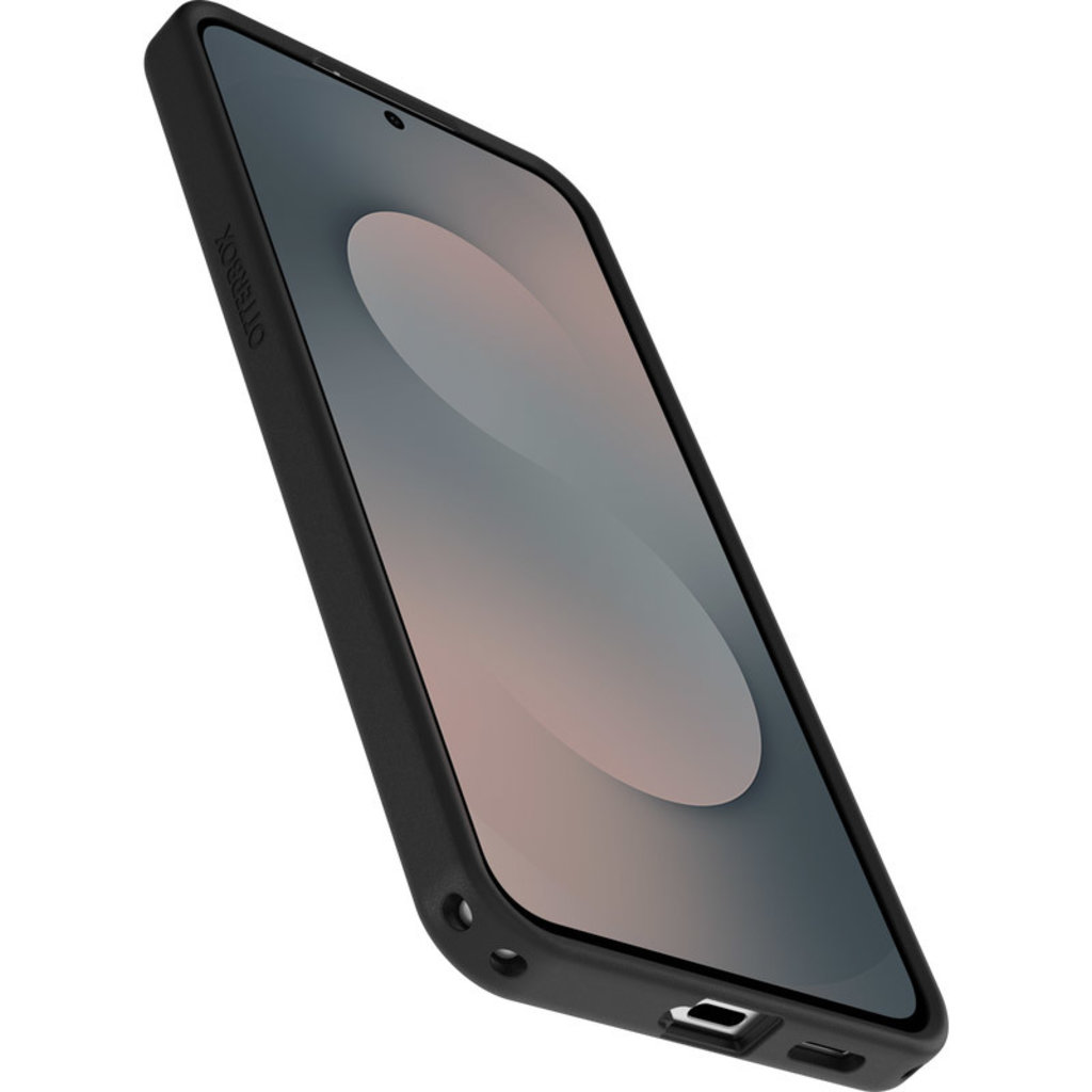 Ein schwarzes Smartphone in einer Schutzhülle aus einem schrägen Blickwinkel.