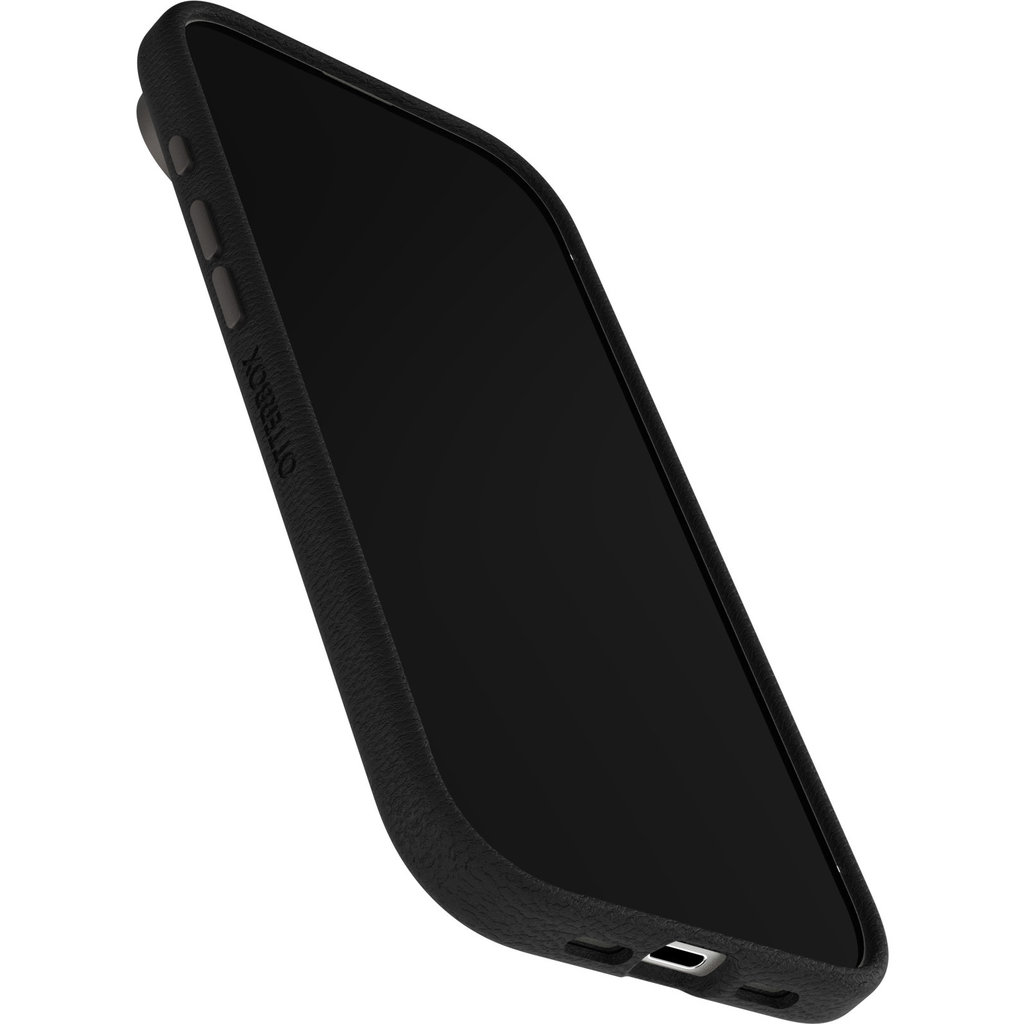 Uno smartphone nero in una custodia protettiva OtterBox, leggermente inclinato su sfondo bianco.