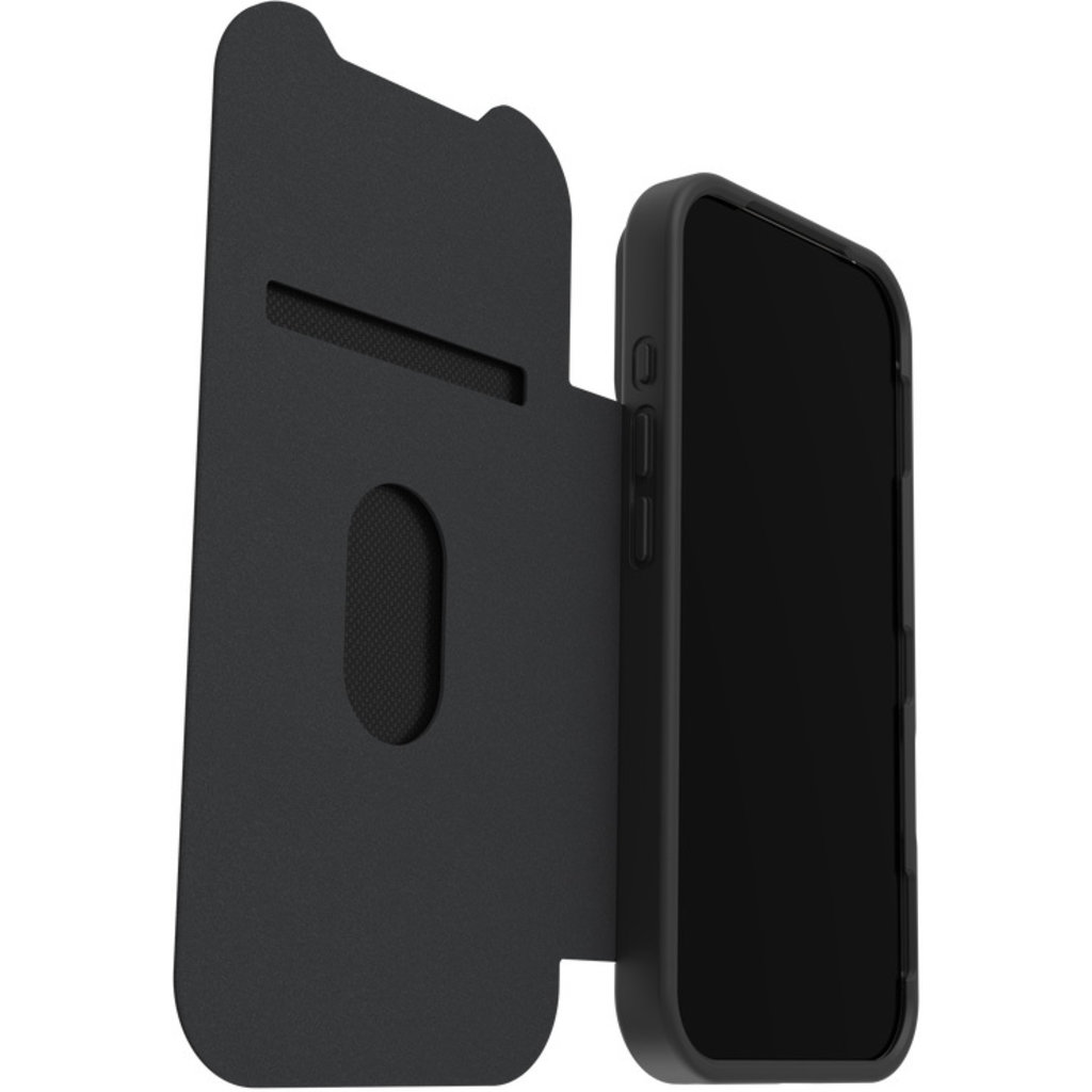 Un smartphone negro en una funda tipo libro abierta con tarjeteros, aislado en un fondo blanco.