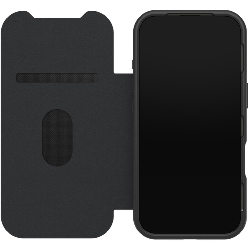 Un smartphone negro abierto en una funda protectora con ranura para tarjetas sobre fondo blanco.