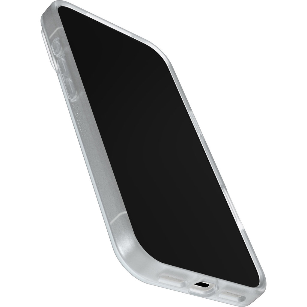 Un teléfono inteligente en una funda protectora transparente sobre fondo blanco.
