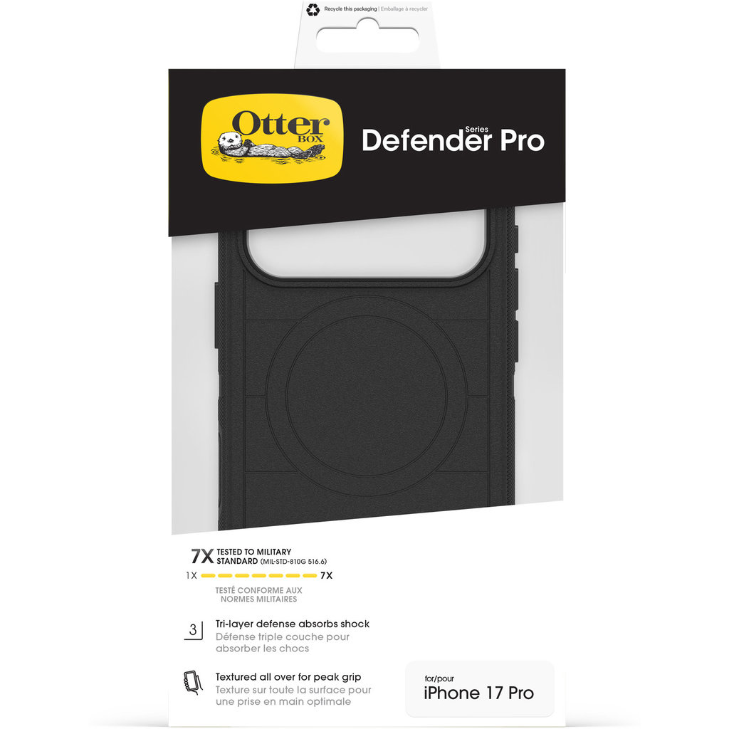 OtterBox Defender Pro Verpackung für iPhone 17 Pro mit schwarzer Schutzhülle.