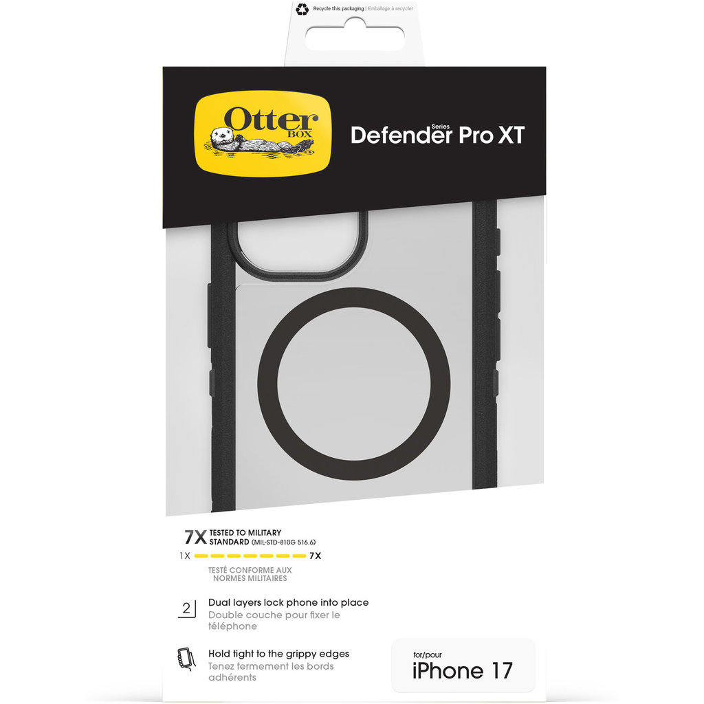Eine OtterBox Defender Pro XT Handyhülle für das iPhone 17 mit MagSafe-Ring auf der Rückseite.