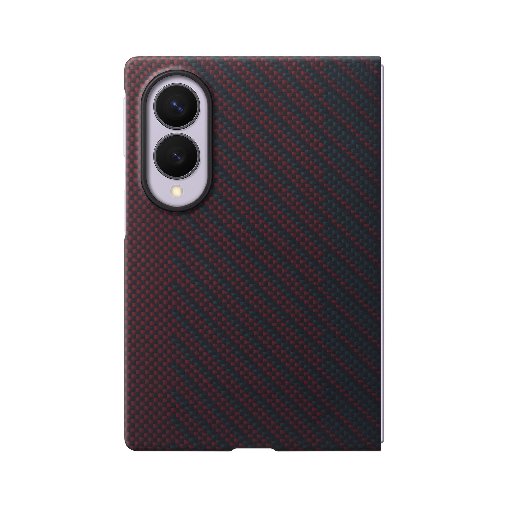 Uno smartphone con cover in fibra di carbonio rossa e nera e doppia fotocamera verticale.