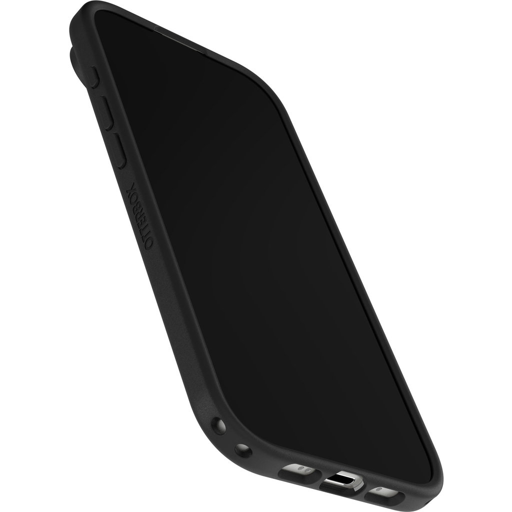 Smartphone noir dans une coque de protection sous angle, montrant les boutons latéraux et le port de charge.