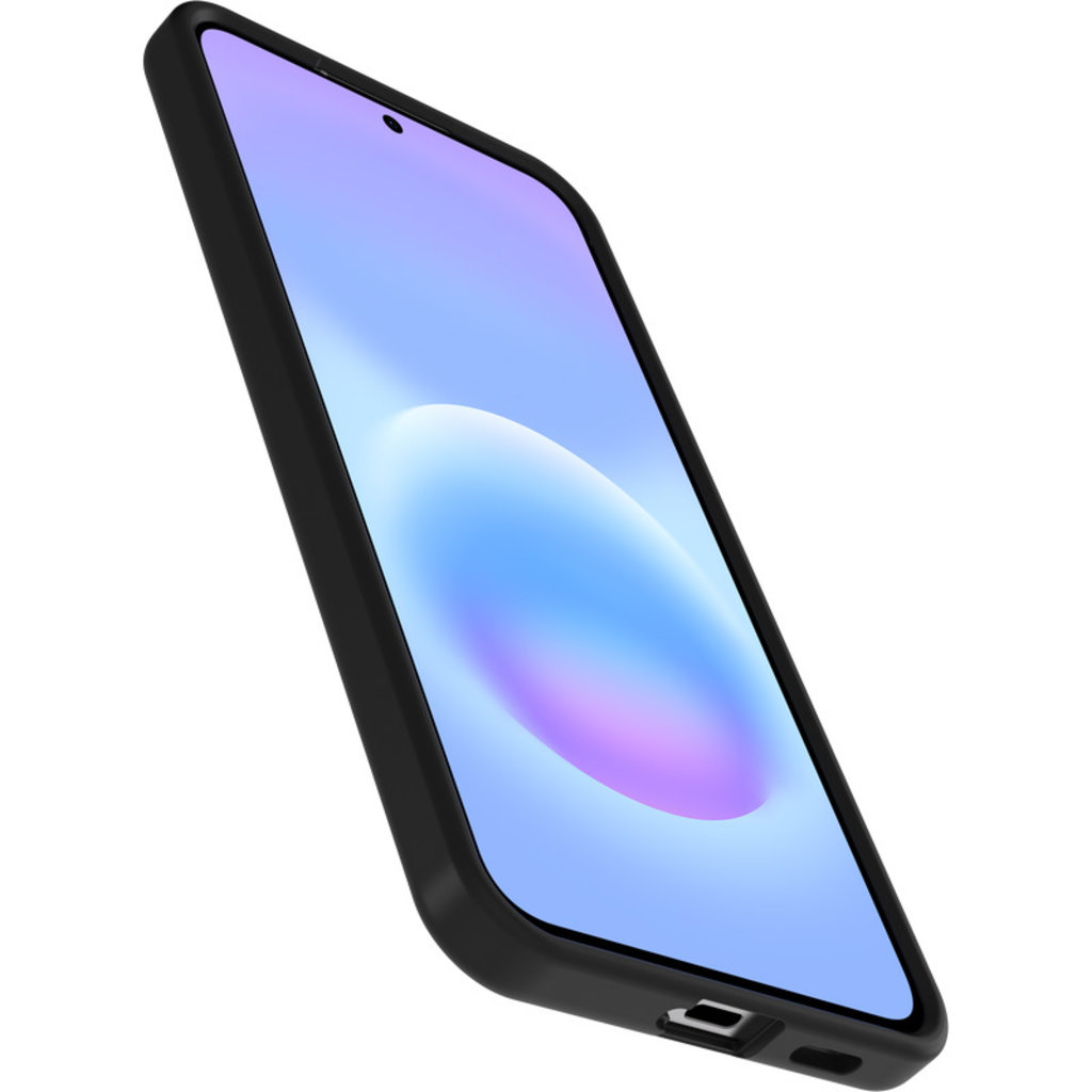 Een smartphone in een zwarte beschermhoes toont een blauwe verloopachtergrond op het scherm.