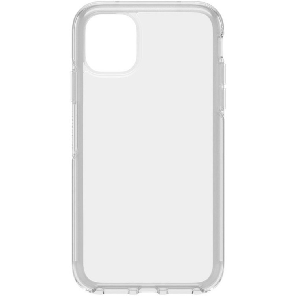 Una custodia protettiva trasparente per smartphone con aperture per fotocamera e pulsanti su sfondo bianco.