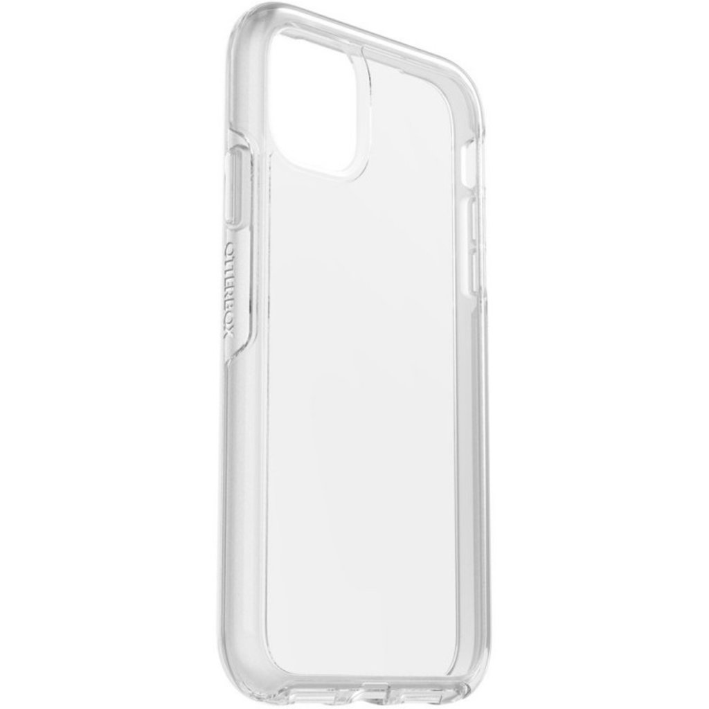 Una custodia protettiva trasparente per smartphone con ritaglio rettangolare per fotocamera su sfondo bianco.