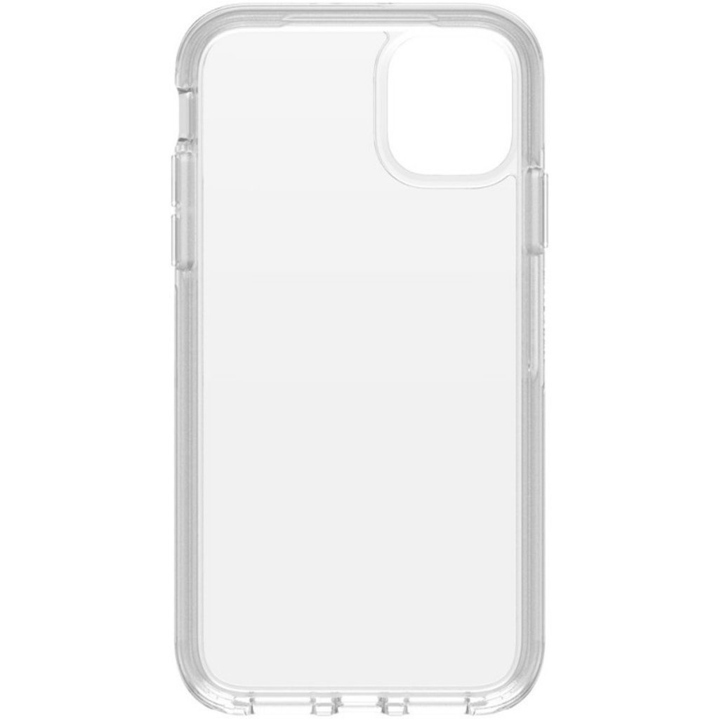 Una custodia per smartphone trasparente in plastica con ritaglio quadrato per fotocamera.