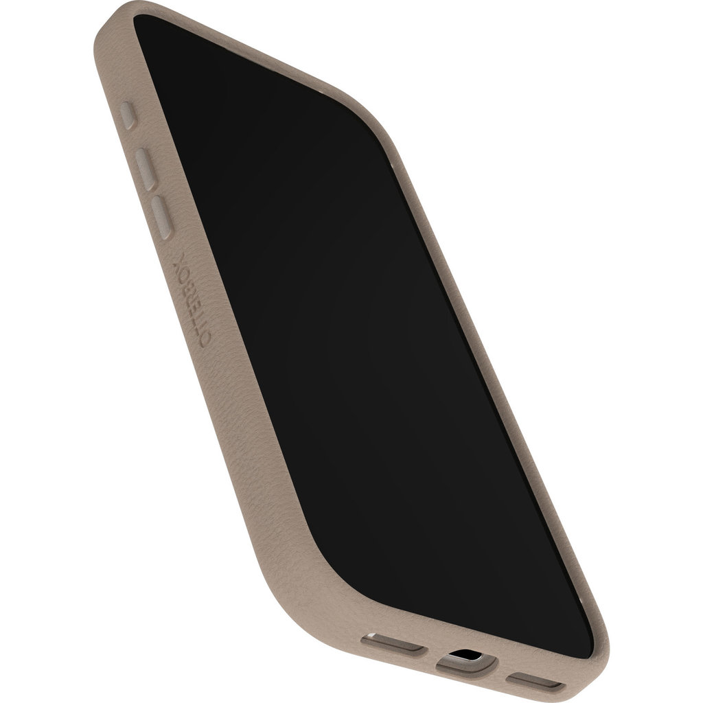 Uno smartphone con custodia protettiva marrone su superficie bianca.