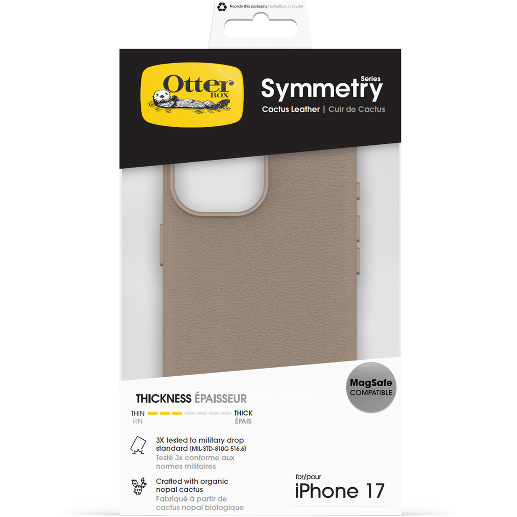 Confezione custodia OtterBox Symmetry Cactus Leather per iPhone 17 in marrone, compatibile MagSafe.