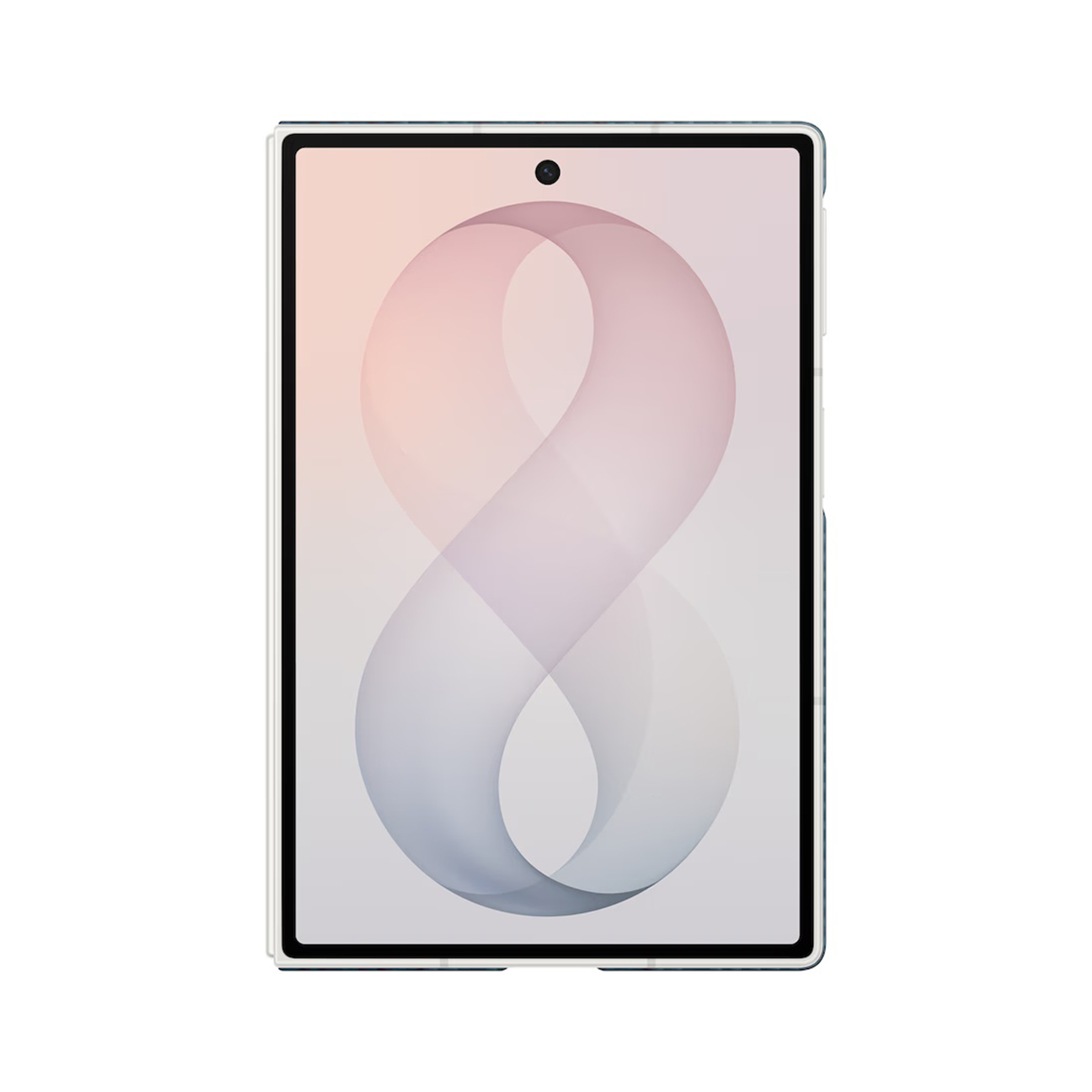 Un smartphone à écran sans bord affiche un motif abstrait rose et bleu en forme de huit.
