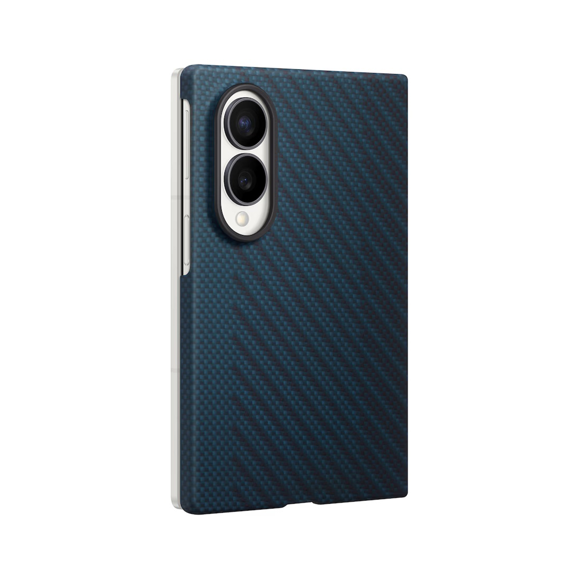 Coque de smartphone bleue effet carbone sur fond blanc avec double module photo vertical.