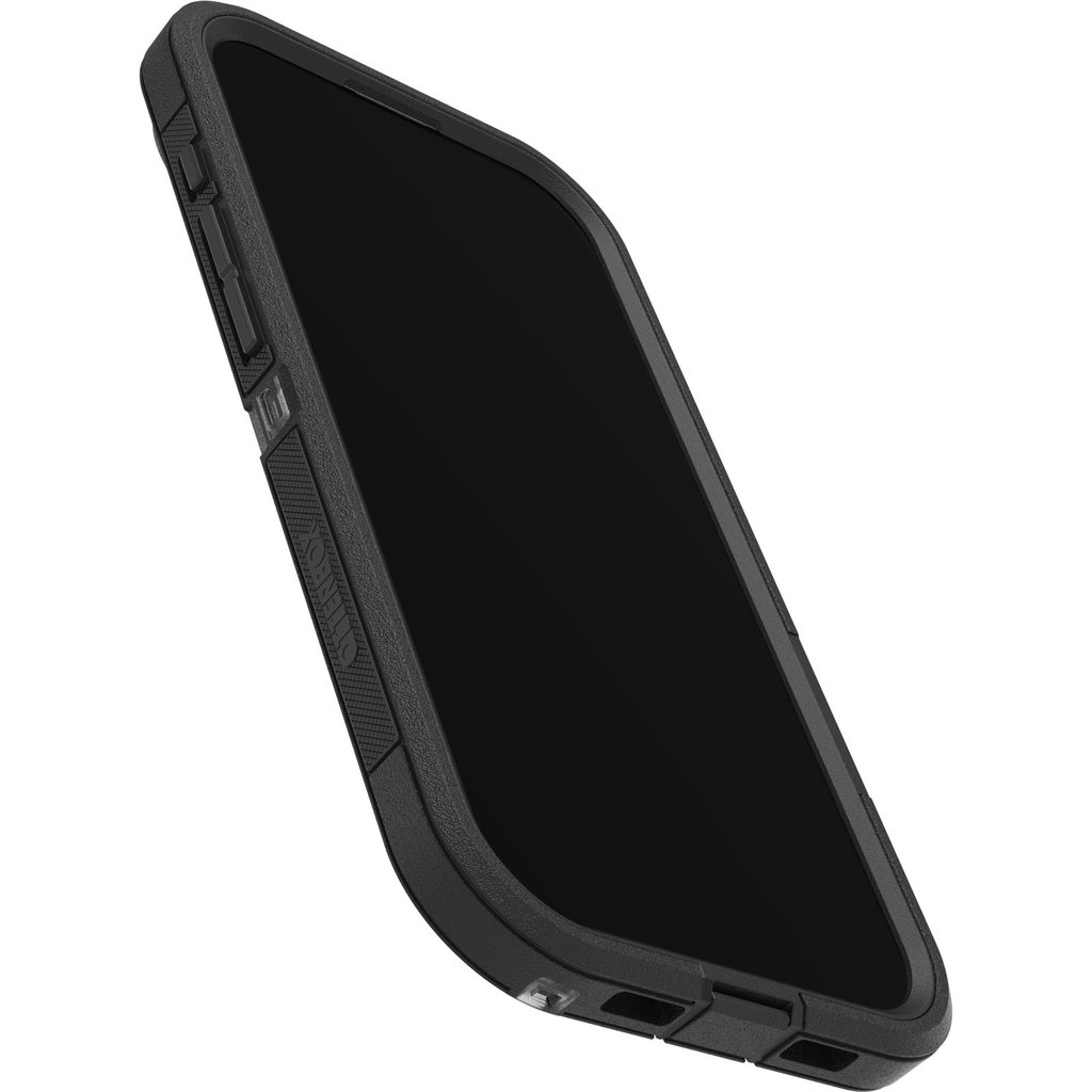 Uno smartphone nero in una robusta custodia protettiva, inclinato su sfondo bianco.
