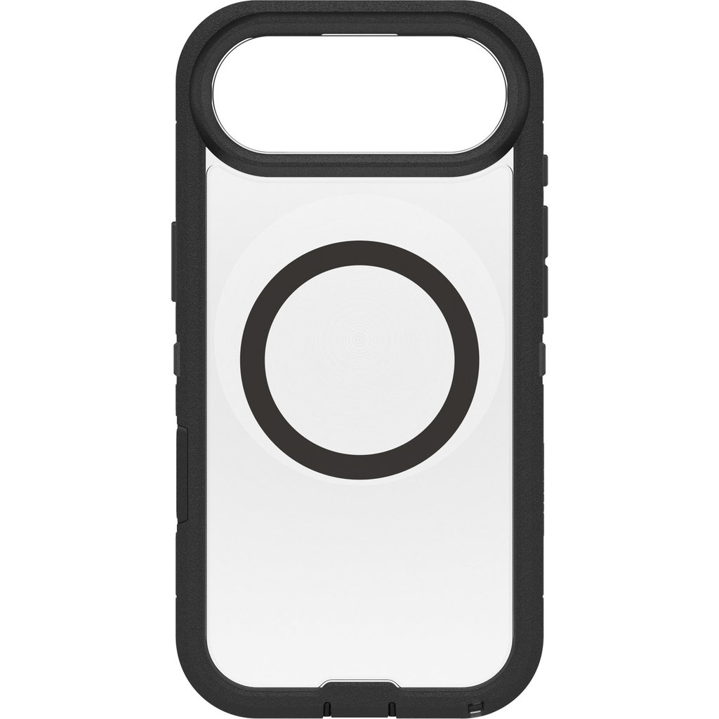 Custodia protettiva nera per telefono con retro trasparente e un simbolo MagSafe rotondo.
