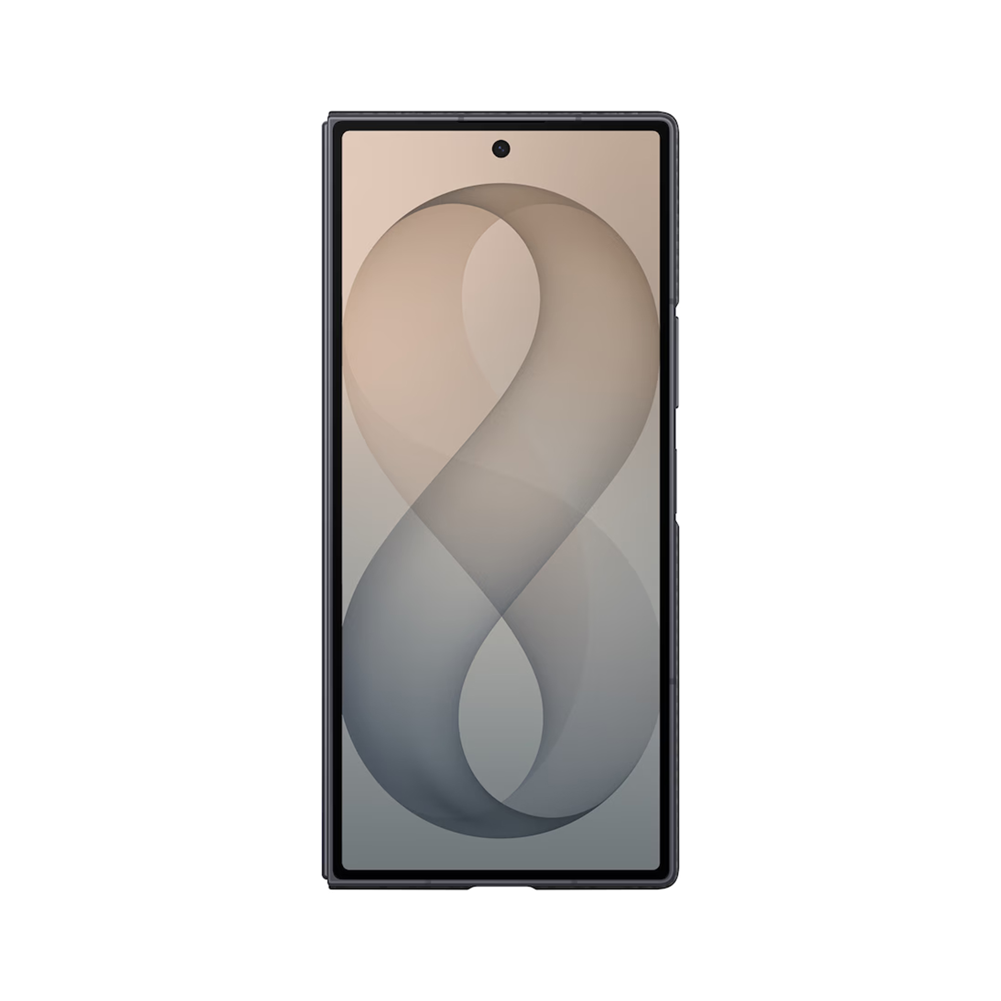 A smartphone with a dark frame and an abstract loop-like background pattern on the screen.