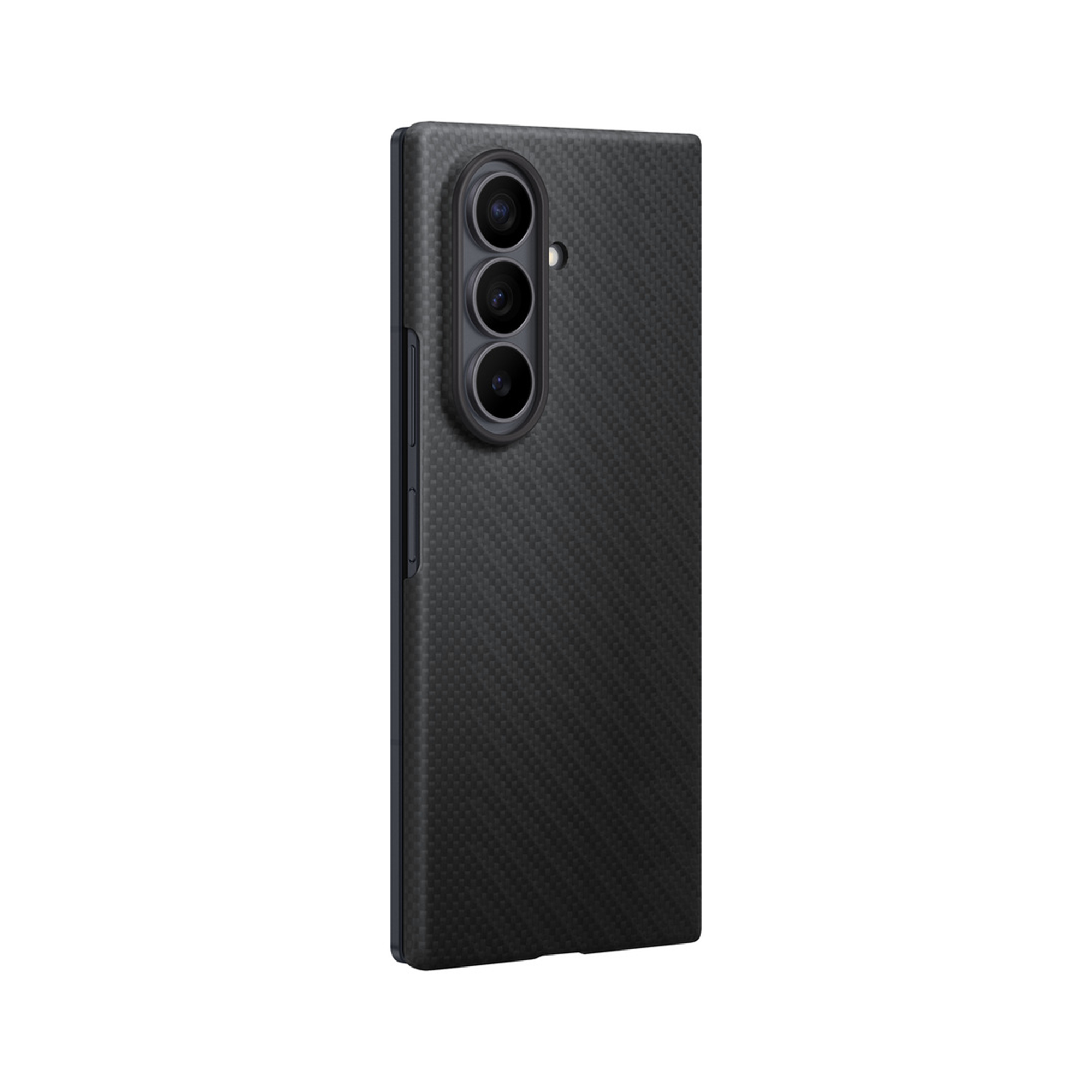 A black carbon fiber smartphone back with three vertical camera lenses on a white background.