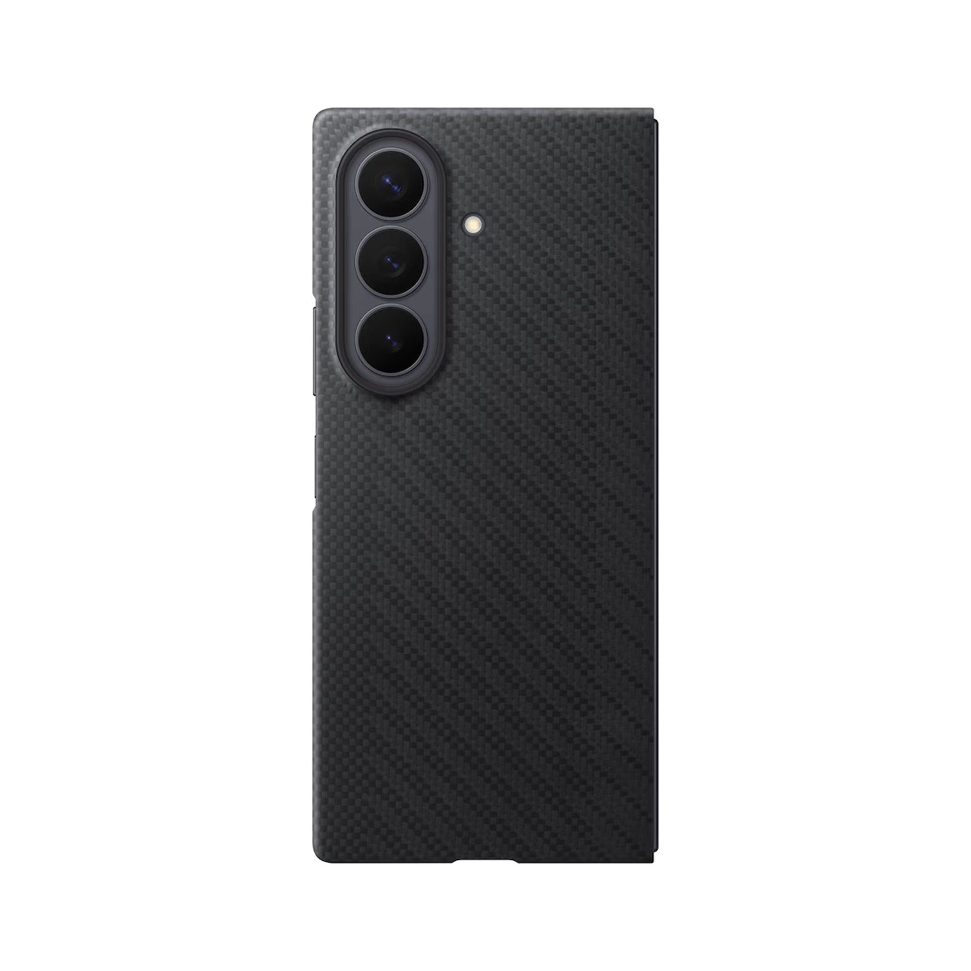 Back of a black smartphone with a carbon pattern and three vertical cameras.