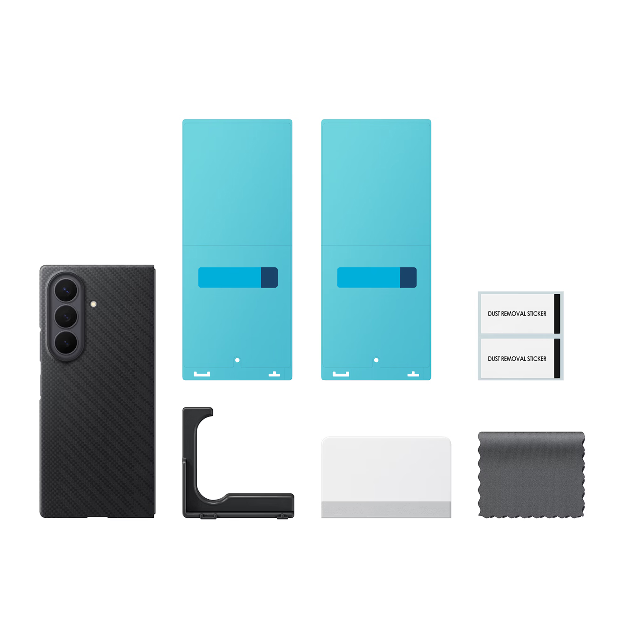 Smartphone accessory kit including a case, blue protectors, dust stickers, stand, and cleaning cloth.