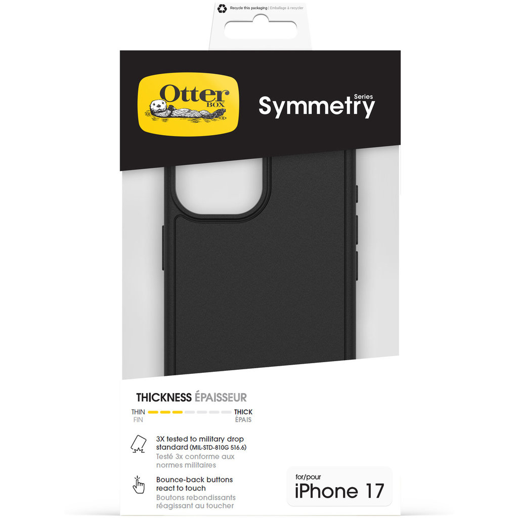 Custodia protettiva OtterBox Symmetry per iPhone 17 in confezione con dettagli su test di caduta e tasti.