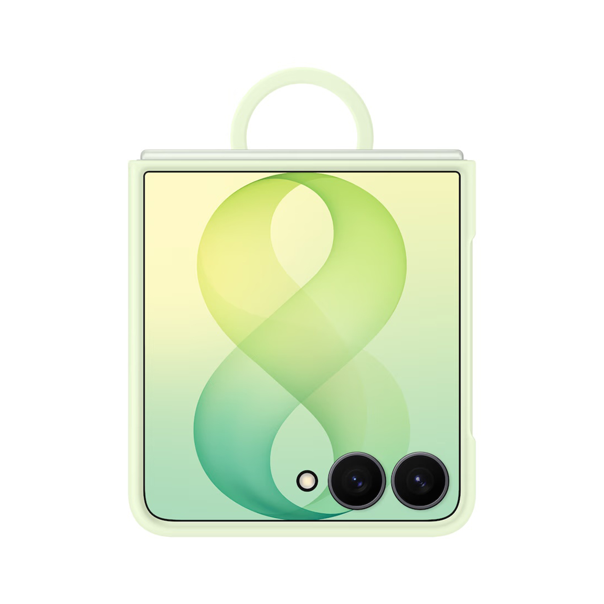 Uno smartphone pieghevole verde chiaro con cinturino a borsa e un motivo astratto a forma di otto sullo schermo.