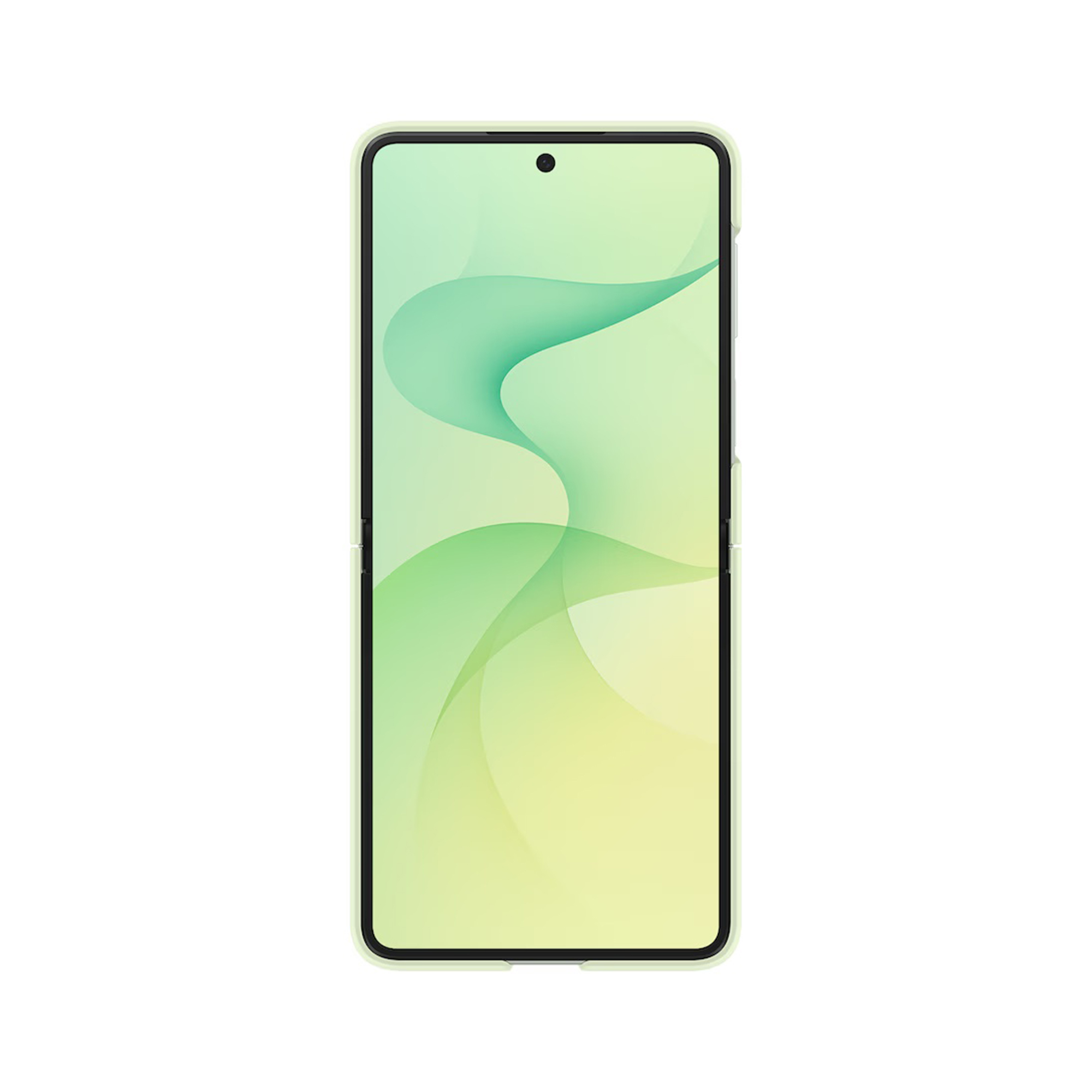 Uno smartphone pieghevole con un motivo a onde verdi e gialle sul display.
