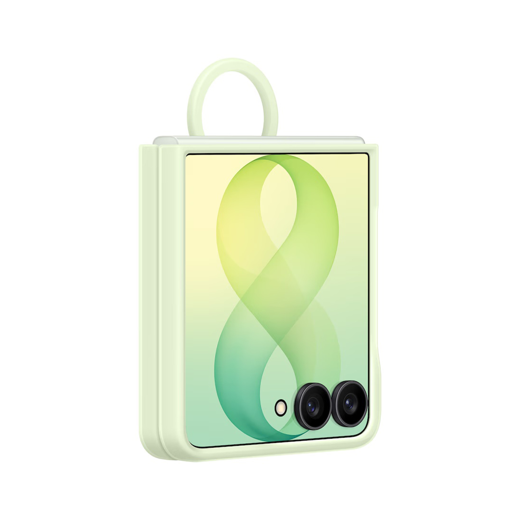 Smartphone pieghevole verde chiaro con manico, due fotocamere e display infinity verde.