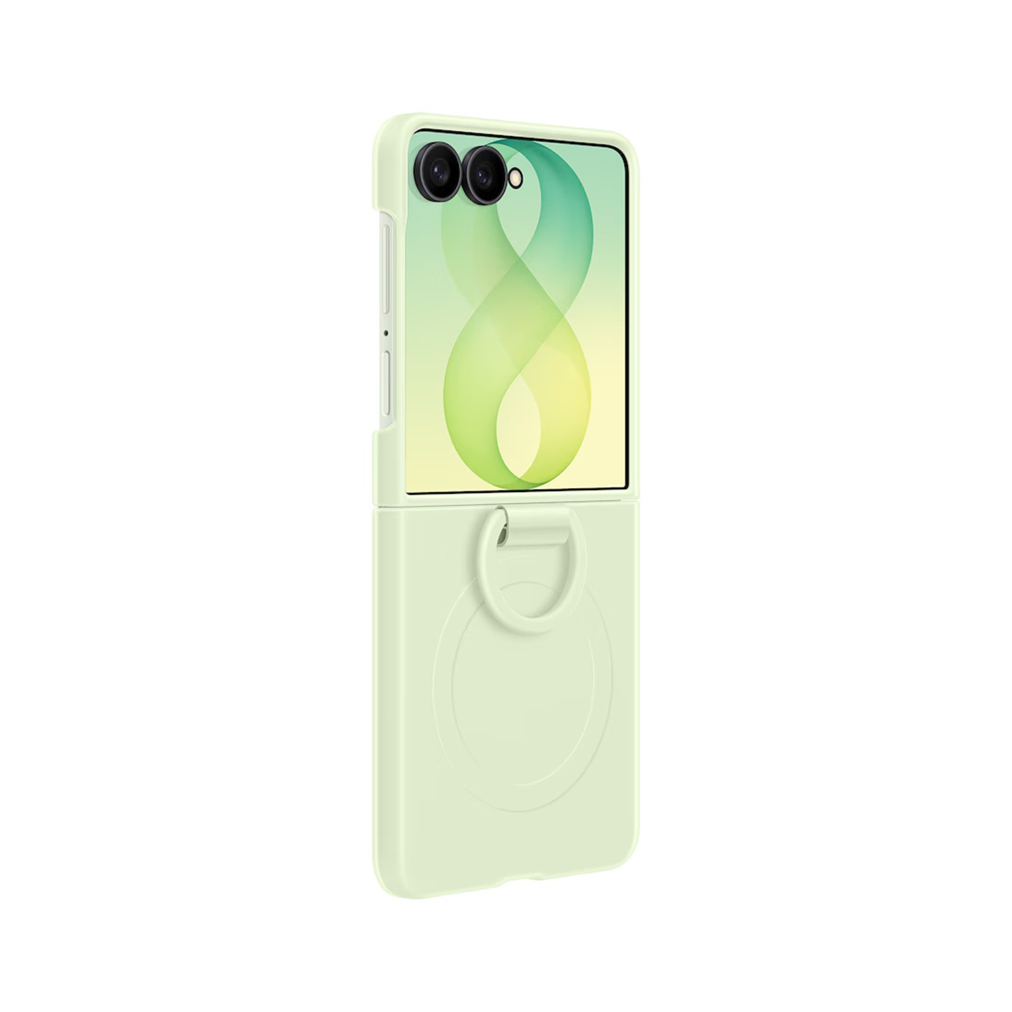 Uno smartphone verde chiaro in custodia con anello di supporto e due fotocamere.