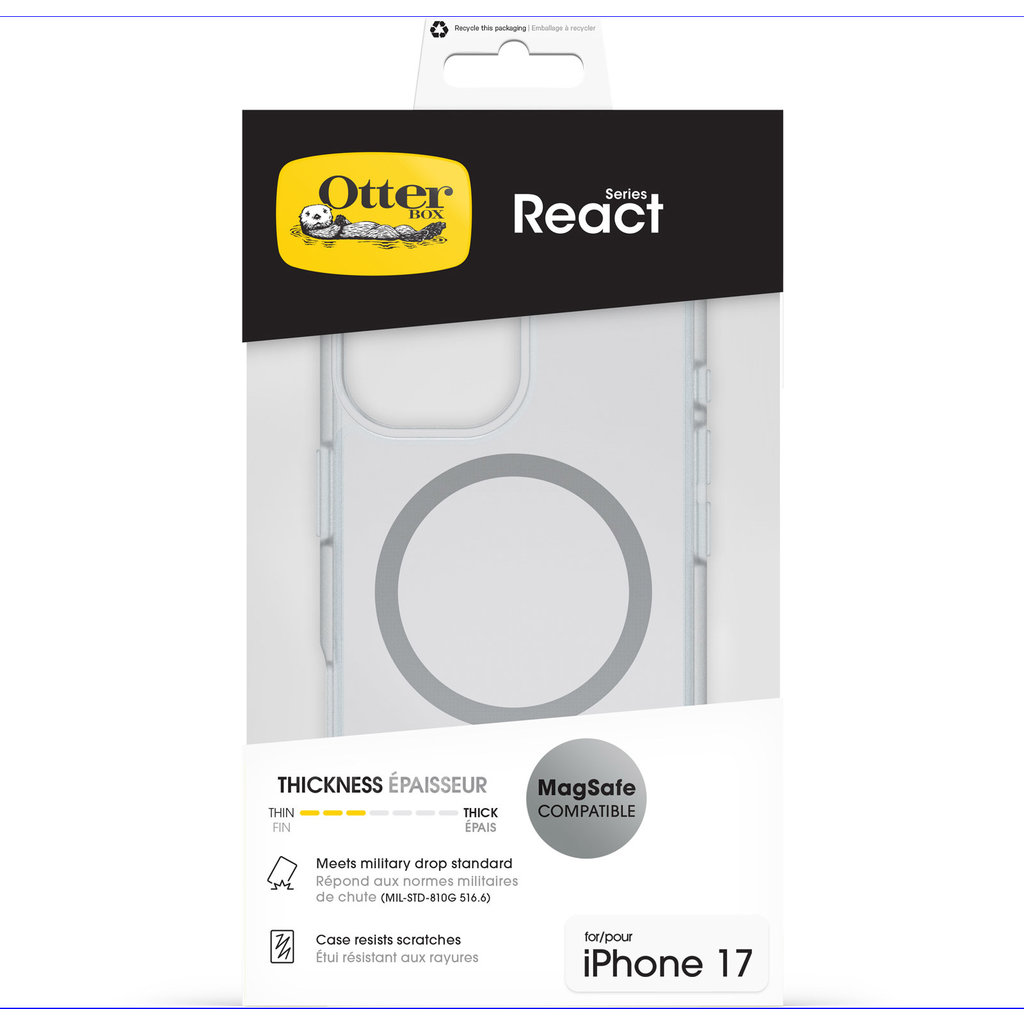 Embalaje de OtterBox React Series para iPhone 17, con compatibilidad MagSafe y protección contra caídas.
