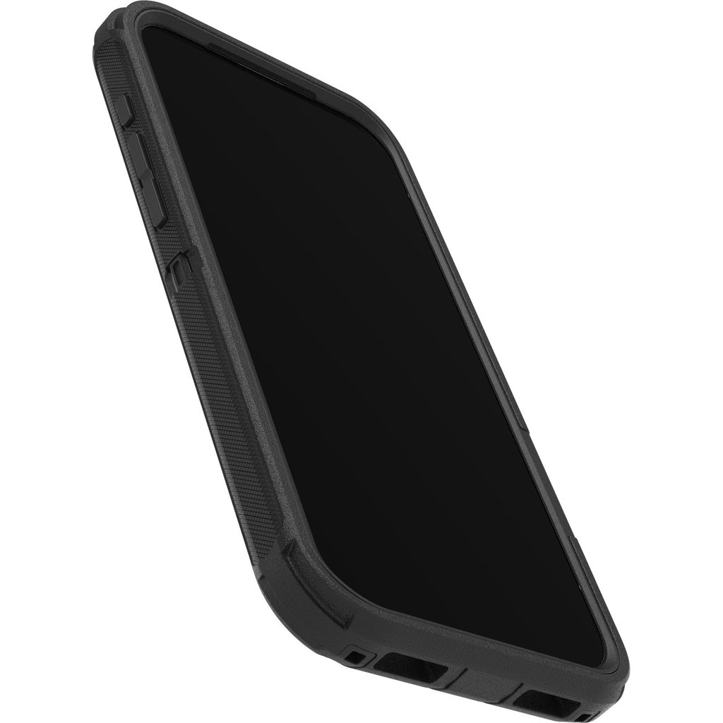 Ein schwarzes Smartphone mit robuster Schutzhülle, seitlichen Tasten und Anschlüssen unten, vor weißem Hintergrund.
