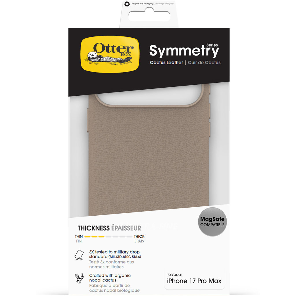 Confezione custodia OtterBox Symmetry in pelle di cactus per iPhone 17 Pro Max con test caduta.
